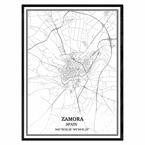 TANOKCRS Zamora España Mapa de pared arte lienzo impresión cartel obra de arte sin marco moderno mapa en blanco y negro recuerdo regalo decoración del hogar -16x20 inches