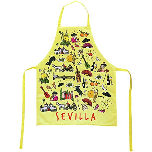 TBOC Delantal de Cocina [Amarillo] - 100% Algodón Souvenir con Motivos Típicos de Sevilla Andalucía España con Flamenca Torero Abanico Giralda Unisex para Hombres Mujeres