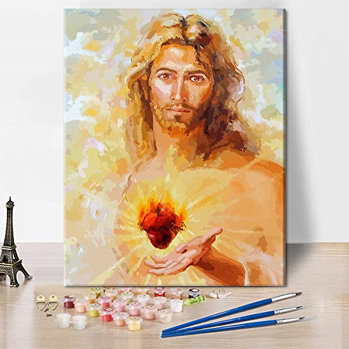 TISHIRON Jesús DIY Pintura por Números para Adultos Principiantes Coloridos Dios Kit Pintura Acrílico Set Pintura Retrato Pintura al Óleo sobre Lienzo para Decoración de Pared 16" W x 20" L