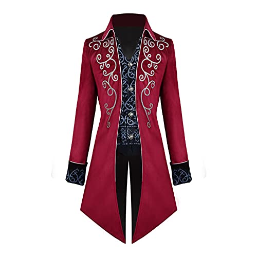 TMOYJPX Disfraces Chaqueta Steampunk Smoking Vintage para Hombre, Levita Victoriana Gótica, Ropa Disfraz Medieval Adulto de Carnaval de Halloween (Rojo, L)