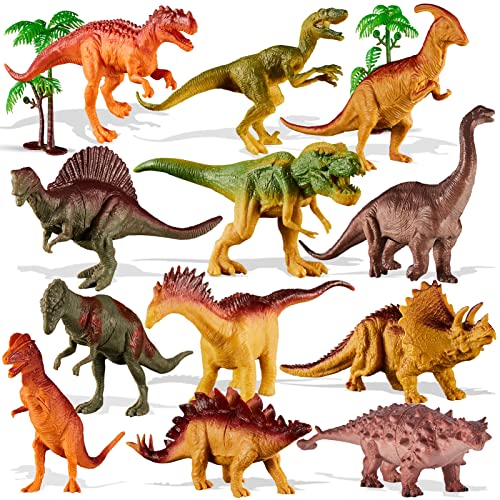 TOEY PLAY Dinosaurios Juguetes Niños 3 Años, 12 Piezas Grandes Dinosaurios Figuras con Tiranosaurio Rex Velociraptor Triceratops 2 Árboles, Educativas Regalo
