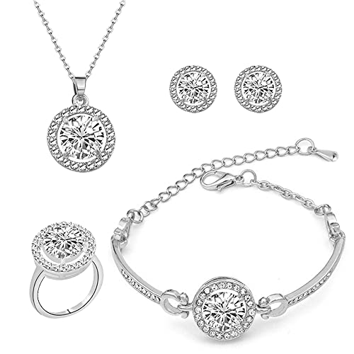 TOFBS Conjuntos de Joyas para Mujer y Niñas, Zirconia Cúbica Collar con Colgante Pendientes Pulsera y Anillo Juego de Joyas (Plata)