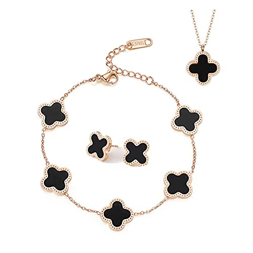 TOFBS Conjuntos de Joyas Trébol de Cuatro Hojas para Mujer Niñas 18K Oro Rose Plateado Acero Inoxidable Doble Cara Negro Blanco Collar Pendientes Pulsera Juego de Joyas (Negro)