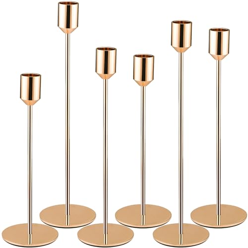 Tonsooze Candelabros de Metal, 6 pcs Estilo Retro Comedor Candelabro Dorado Candelabro Cónico Candelabros Decorativos para Navidad Halloween Acción Gracias Bodas Fiestas Decoración 34/28/24 cm