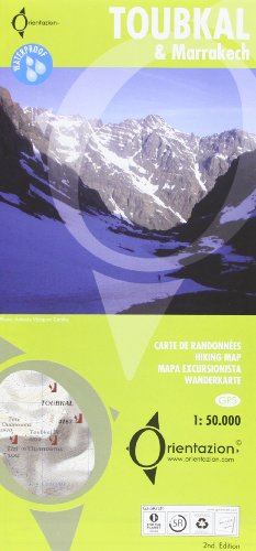 Toubkal, mapa excursionista. Incluye plano de Marrakech. Escala 1:50.000. Impreso en polyart, resistente al agua. Orientazion.