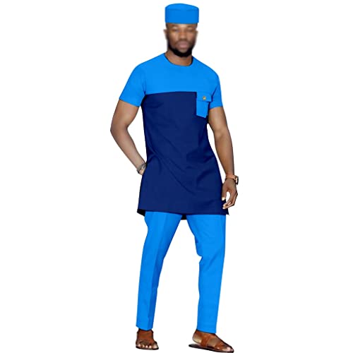 Traje de Fiesta para Hombre Africano Atuendo de 3 Piezas Camisa, Pantalón Y Sombrero Trajes Tradicionales Manga Corta Vestimenta de Chándal Dashiki Ropa Formal Boda (Color : Style 5, Size : XXL)
