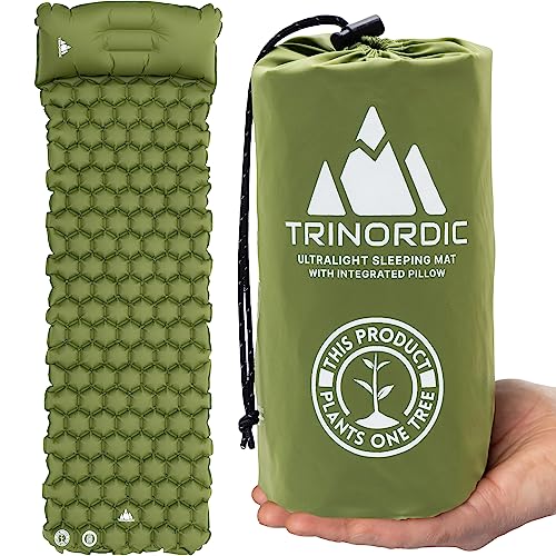 TRINORDIC Colchón de Camping Ultraligero Inflable con Almohada - Colchón de Aire Individual, Equipo de Camping Duradero - Verde Bosque