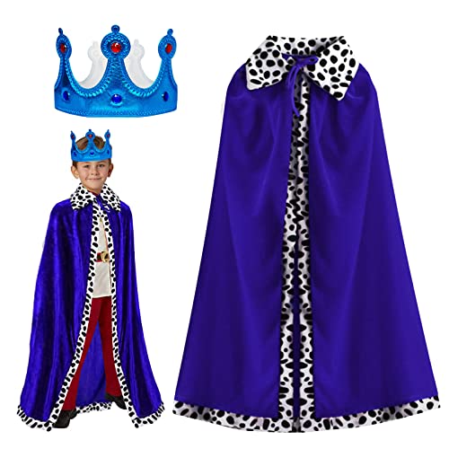 TSHAOUN Capa de Rey para Niños con Corona, Capa de Príncipe Princesa Manto de Terciopelo Real, Disfraz de Reina Rey Medieval para Halloween, Carnaval, Cosplay, Fiesta Temática, 80cm (Blue)