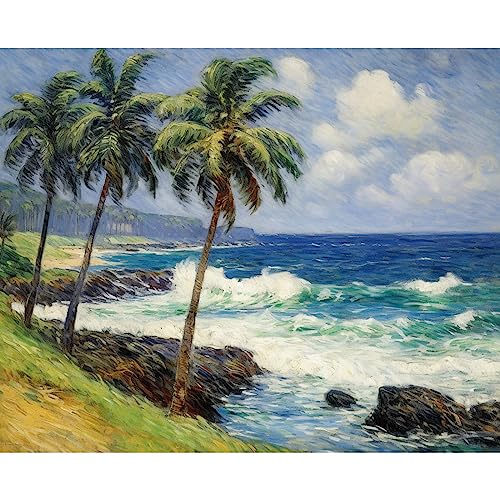 Tucocoo Kit de pintura por números de palmeras costeras, lienzo de 16 x 20 pulgadas, pintura al óleo digital para adultos con pinceles y pigmento acrílico, obra de arte de paisaje marino azul para