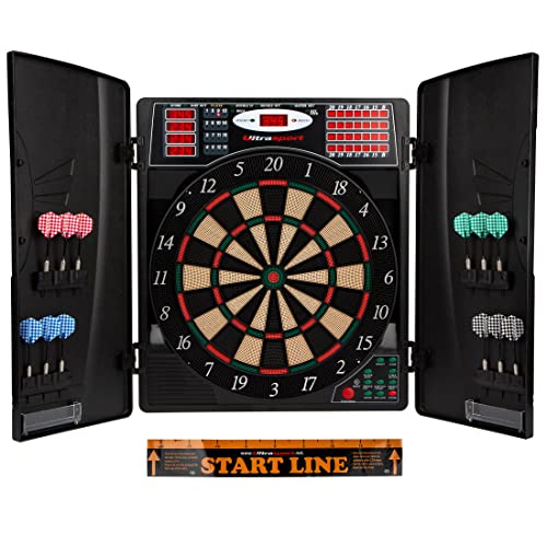 UItrasport Diana electrónica con puertas, diana clásica para 16 jugadores, juego de dardos con pantalla LED, 38 juegos y muchas variantes / diana con 12 dardos suaves y puertas