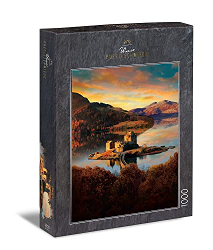 Ulmer Puzzleschmiede - Puzzle de Escocia de 1000 piezas "Eilean Donan Castle" – Diseño de puzle pintado con el castillo histórico de las Highlands escocesas.