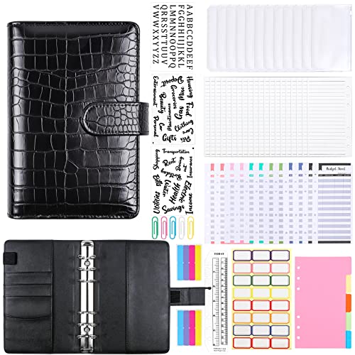 Umitive Carpeta de Cuaderno A6, 62Pcs Cuero con Sobres de Cremallera, Hojas de Presupuesto, Pegatinas de Bricolaje para Guardar Tarjetas Facturas Dinero (Cocodrilo Negro)