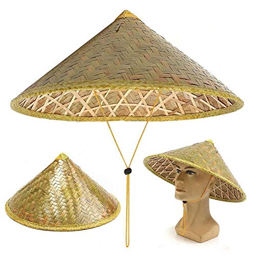 U&S Sombrero de bambú chino Sombrero oriental Sombrero asiático Sombrero cónico Retro Hecho a mano Sombrero de paja Sombrero de sol Sombrero de lluvia Sombrero de granjero Coolie, Amarillo, M