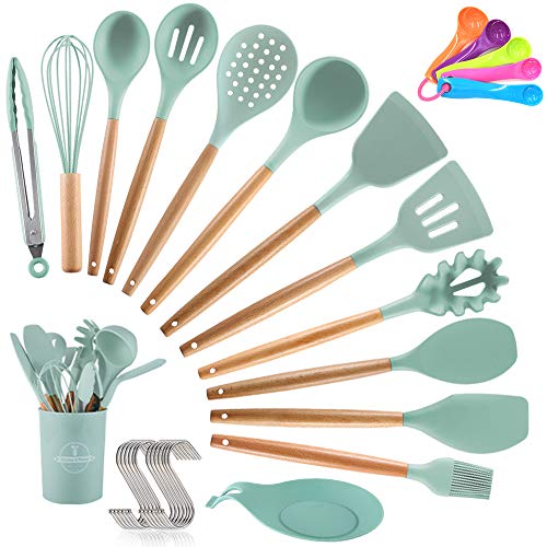 Utensilios Cocina de Silicona,Antiadherente con Mango de Madera,Resistentes Al Calor,14 Piezas,espátula,cuchara,cucharón,5 cucharas de medir y ganchos