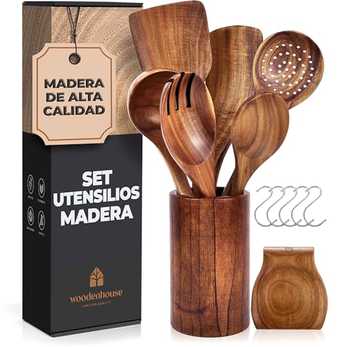 Utensilios de Cocina Madera [8 pzas] con Reposa Cucharas, Bote de y Ganchos para Colgar. 100% Natural Cucharas Madera. Espátulas y Cucharones de Cocina para Sartenes Antiadherentes.