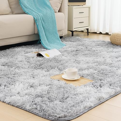 Vamcheer Alfombra de Pelo Largo - alfombras para Salón y Dormitorio,8mm Esponja Gruesa Alfombra área para habitacion,Lavables y Antideslizante, 200x290 Tie-Dye Gris Claro