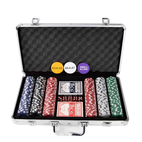 various-Juego de 300 Piezas en Caja de Aluminio con fichas de póquer de 11,5 g, 2 Barajas de Cartas de Juego de Distribuidor de Botones Ciegos Grandes y pequeños y 5 Dados