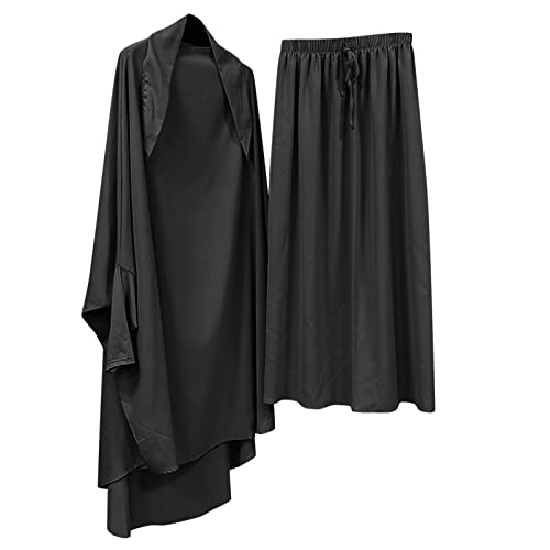 Vestido de oración musulmán de dos piezas para mujer, estilo caftán, árabe, jilbab, abaya, manga larga, informal, vestido de verano con pantalones, juego de ropa de calle, Negro , Talla única