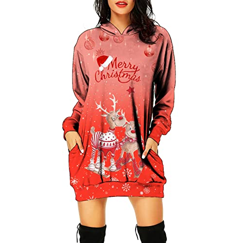 Vestidos de Navidad para niña, camiseta de manga larga, ropa de Navidad con motivo de reno, estampado de renos, vestidos de Navidad, feo con capucha, vestido de fiesta de gran tamaño, rojo, XXL