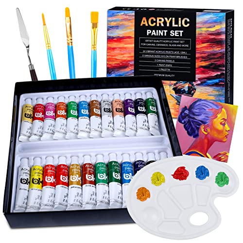 VICBAY 24 Tubos Pinturas Acrílicas para Pintar, Juego de Pinturas Acrílicas, Paquete de 24 x 12 ml, 3 Pinceles, 1 Tableros de Dibujo, 1 Raspador, 1 Paleta, No Tóxicos para Principiantes o Niños