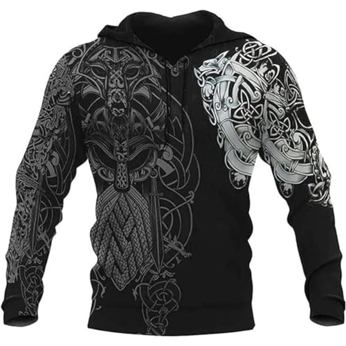 Viking Odin God Totem Casual Harajuku Jersey, Impreso 3D Dragón Celta Nórdico Novela Hip-Hop Sudadera con Capucha, Prenda Medieval Pagana de Manga Larga con Cordón y Bolsillo Grande ( Color : Odin , S