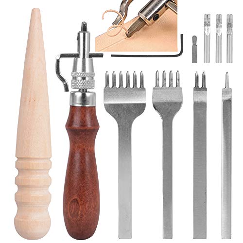 VINFUTUR 4pcs Perforadoras Herramientas Artesanales Costura Tenedores para Coser Cuero+5 en 1 Ranuradora para Artesanía de Cuero+Bruñidor de Cuero de Madera para Leathercraft