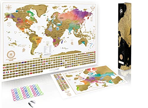 W WANDERLUST MAPS Paquete definitivo de Mapa de rascar (Mapa del Mundo, Mapa de Europa) | 2 Mapas de Rascar con un Juego Completo de Accesorios y Banderas de Todos los países.