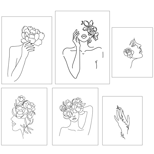 WakiHong 6 Piezas Femenino Arte Lineal Pintura Cartel de Arte Lineal Mujer Figura en Blanco y Negro Impresión Minimalista para Dormitorio Decoración del Hogar Sin Marco