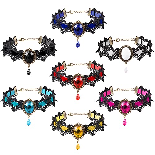 Weinsamkeit 7 Pcs Gargantilla de Encaje de Mujer Collar de Punk de Vampiro Gargantilla de Estilo Gótico con Colgante de Lágrima Choker collar para Disfraz Fiesta Halloween