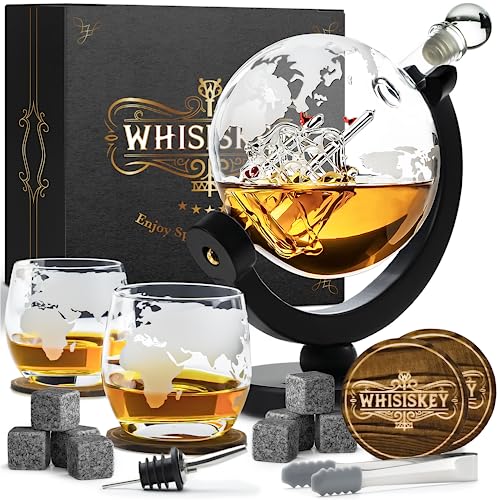 Whisiskey - Decantador de Whisky - Jarra de Whisky - Globo Terráqueo - 900 ml - 2 Vasos de Whisky - 8 Piedras de Whisky - Posavasos - Cubitos Hielo Reutilizables - Regalos Originales para Hombre