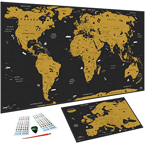 WIDETA Mapa del mundo a rascar/Póster gran formato (82 x 43 cm)/ Incluidos Mapa de Europa, adhesivos y herramienta de raspado