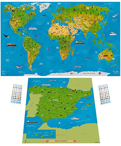 WIDETA Mapa del mundo ilustrado en español/Póster gran formato (82 x 44 cm), Papel sólido (gramaje 300g/m²) y laminado/Incluidos gran mapa de españa y Adhesivos