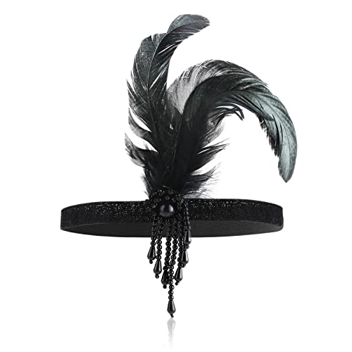WLLHYF Diadema de plumas con flapper accesorio para la cabeza negra de los años 20 accesorios para el cabello con diamantes de imitación para mujeres y niñas temática de Gatsby decoración de fiesta