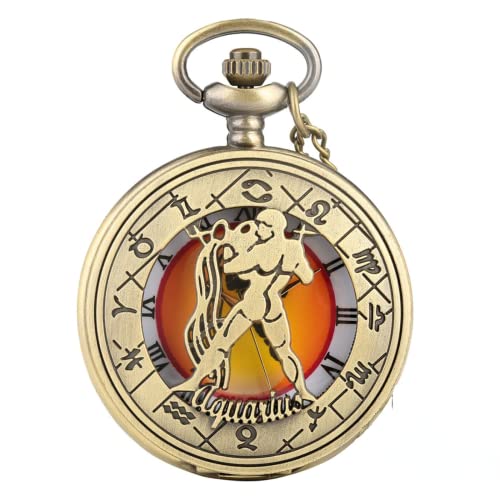 WRVCSS Reloj de Bolsillo de Cuarzo con temática de Zodiaco de Bronce, Reloj Colgante con Pantalla de números Romanos, Regalo
