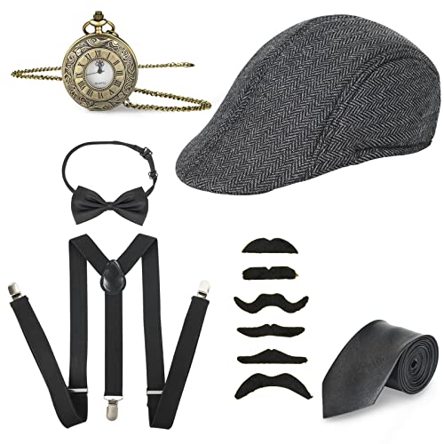 WuikerDuo Accesorios Hombre los Años 20,Accesorios para Hombre de los Años 20 Incluye Sombrero de Panamá,Tirantes,Reloj de Bolsillo,Pajarita,Bigote Falso,para Carnaval Mascarada Evento Fiesta