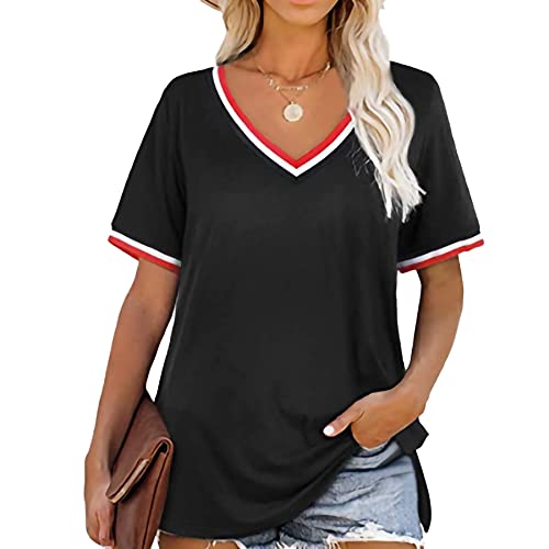 WXDSNH Camiseta De Mujer a Rayas De Color a Juego De Manga Corta con Cuello En V Mujeres Empalme Verano Casual Suelta