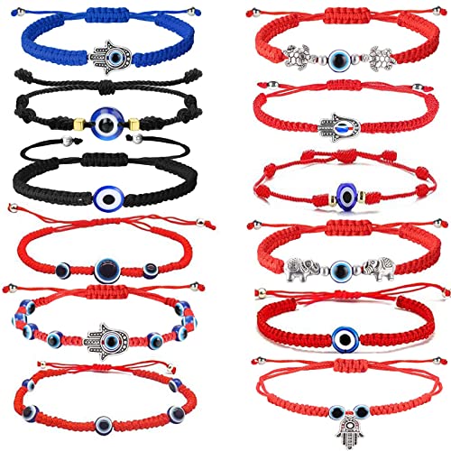 Xinlie Conjunto de 12 Pulseras de Cuentas Ojo Turco y Mano de Fátima,Set de Pulseras Mal de Ojo Rojas Pulsera Mal de Ojo Azul Hamsa,Protección y Suerte,Pulseras Hechas a Mano con Diseño Turco