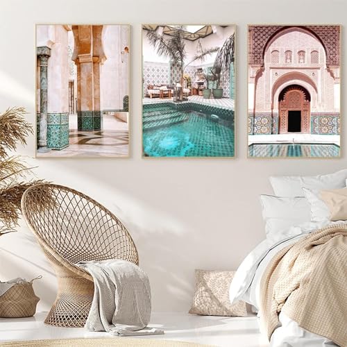 Yangld Póster islámico de la puerta marroquí de Marrakech, pintura en lienzo, imagen de arquitectura musulmana, impresión artística de pared, decoración de sala de estar, 50x70cm, 3 piezas sin marco