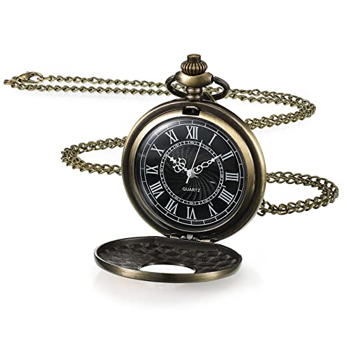 Yaomiao Reloj de Bolsillo Vintage Reloj de Bolsillo de Cuarzo Antiguo con Cadena y Números Romanos para Mujer Hombre Regalo Fiesta Cumpleaños Aniversario (Cubierta de Bronce, Esfera Negra)