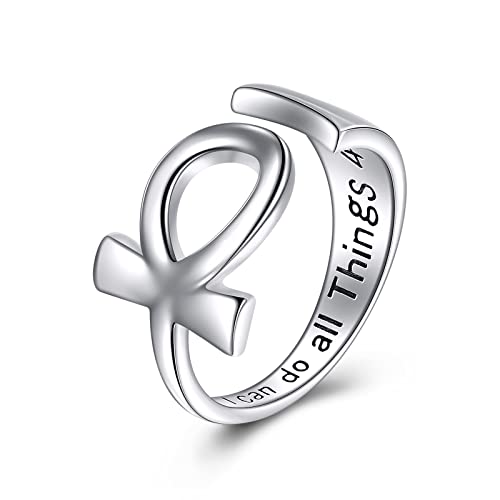 YFN Ankh Anillos de plata de ley con cruz Ankh I Can Do All Things Joyería de protección religiosa egipcia, regalos para mujeres y hombres, Plata de ley, Sin piedras preciosas