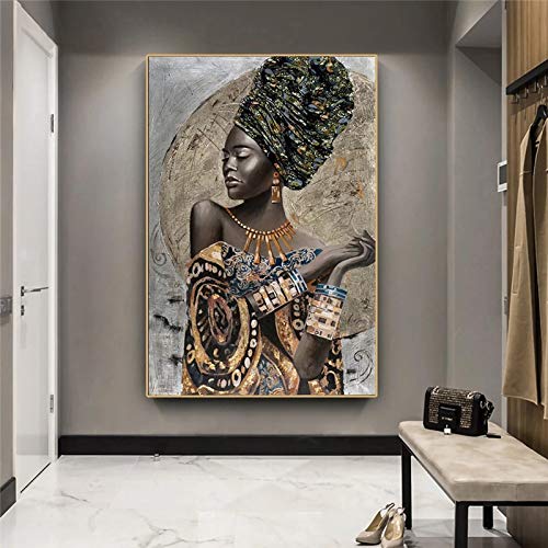 Yishui Art Arte de pared africano Mujer negra Graffiti Arte Pósteres e impresiones Chica africana abstracta Pinturas en lienzo Cuadros Decoración de pared 60x80cm (24x31in) Con marco