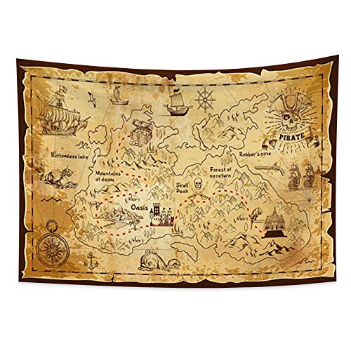 YONGFOTO 100x70cm Mapa Tapiz, Occidental Mapa Del Tesoro Isla Ruta Mapa Piratas Pintado A Mano Oro Secreto Mapa Navegación Marítima Tapiz para Sofá Cama Cubrir Manta Lección Electrónica