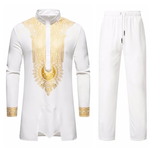 ZDSUHYIW Traje Africano Dashiki de los hombres Conjunto de dos piezas Trajes Tribal Tradicionales Camisa y Pantalones Musulmanes Árabe Medio Oriente Traje de Manga Larga Traje Islámico, Blanco, L