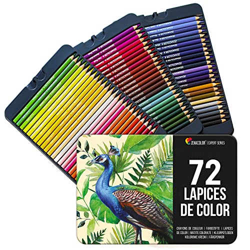 Zenacolor 72 Lápices de Colores (Numerado) con Caja de Metal 72 Colores Únicos para Libro de Colorear - Fácil Acceso con 3 Bandejas - Regalo Ideal para Artistas