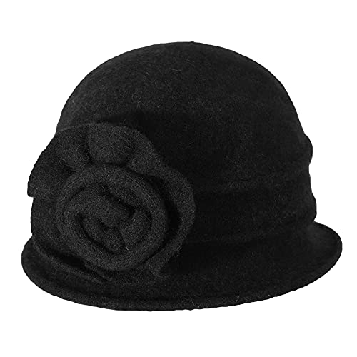 ZLYC 1920 Vintage Sombrero de Campana de Lana Sombreros de Bombín para Mujer(Patrón Floral Negro.)