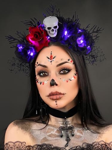 Zoestar Diadema de corona de flores de Halloween con ramas de calavera, diadema LED de telaraña, aro para el cabello del día de los muertos, accesorios para el cabello para mujeres y niñas
